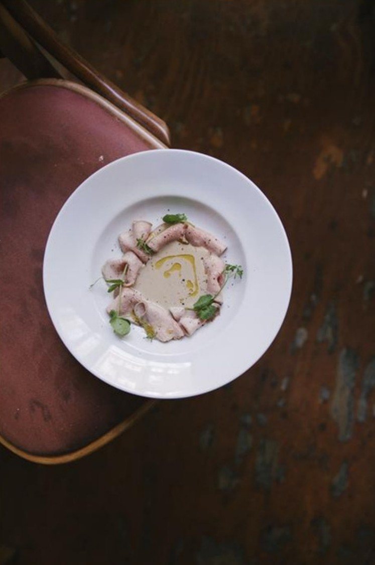 Vitello tonnato on a velvet chair seat, from above